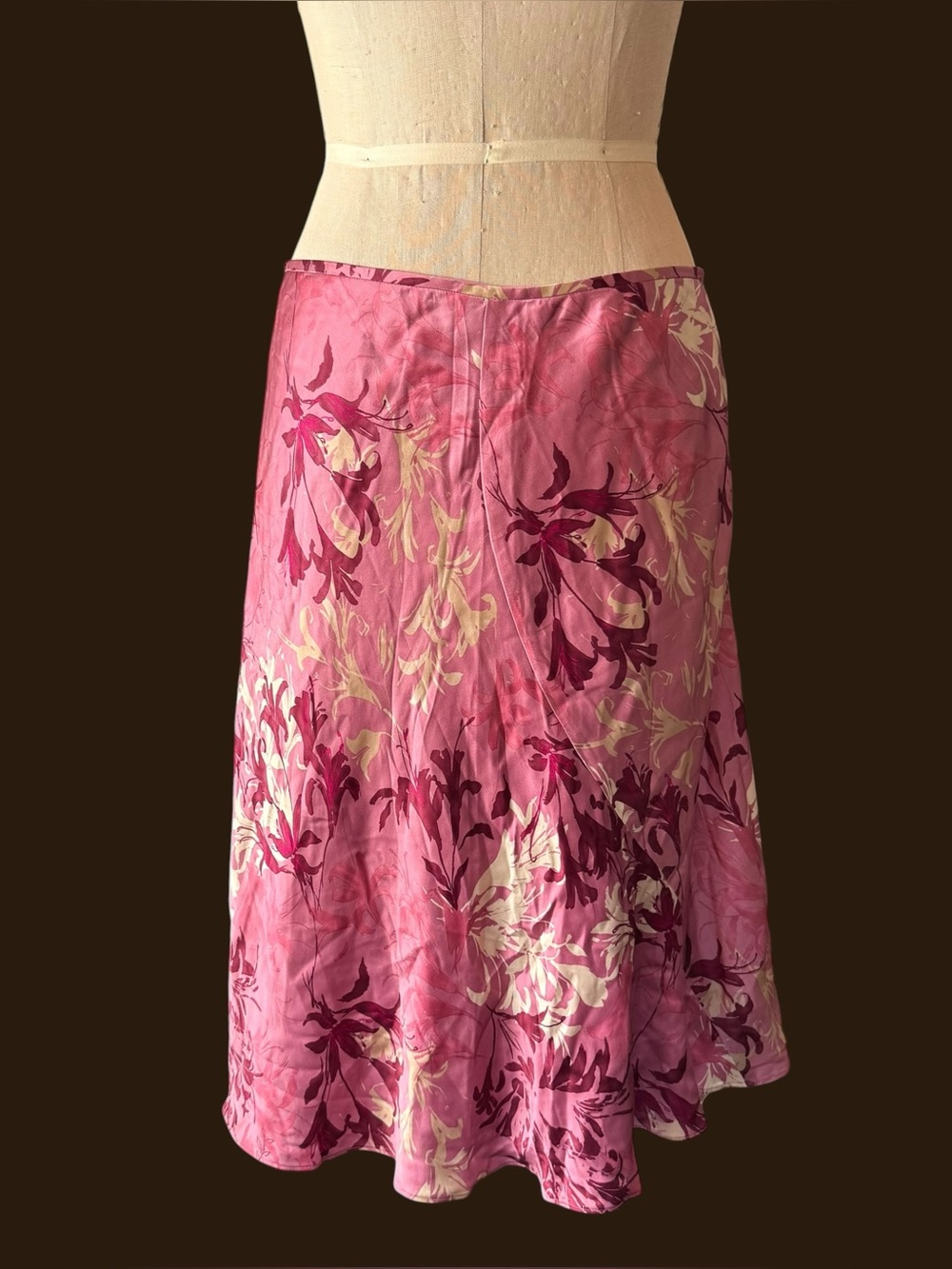 Vintage Y2K Pink Silk Floral Patterned Midi Skirt